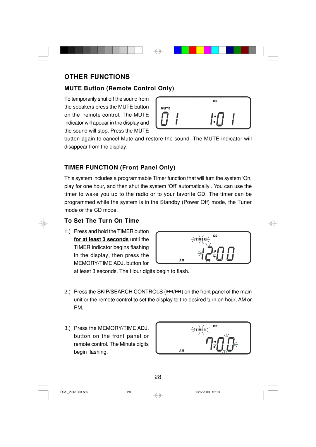 Emerson ES20 Other Functions, Mute Button Remote Control Only, Timer Function Front Panel Only, To Set The Turn On Time 