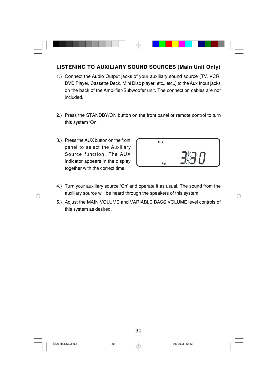 Emerson ES20 owner manual Listening to Auxiliary Sound Sources Main Unit Only 