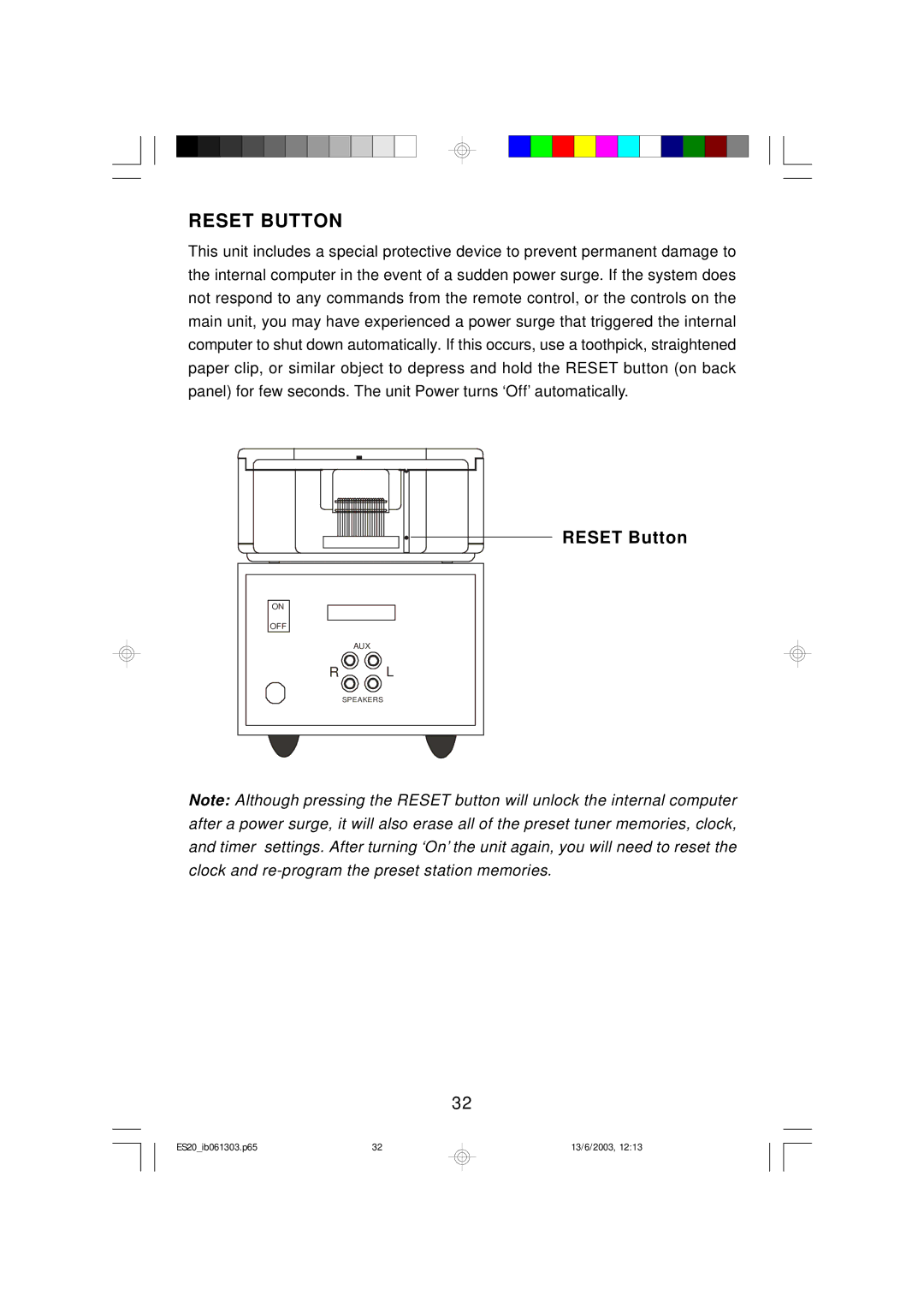 Emerson ES20 owner manual Reset Button 