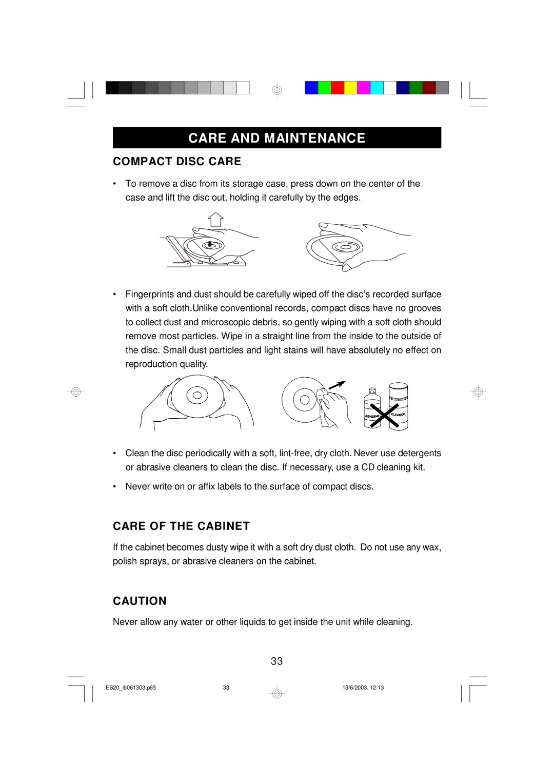 Emerson ES20 owner manual Compact Disc Care, Care of the Cabinet 