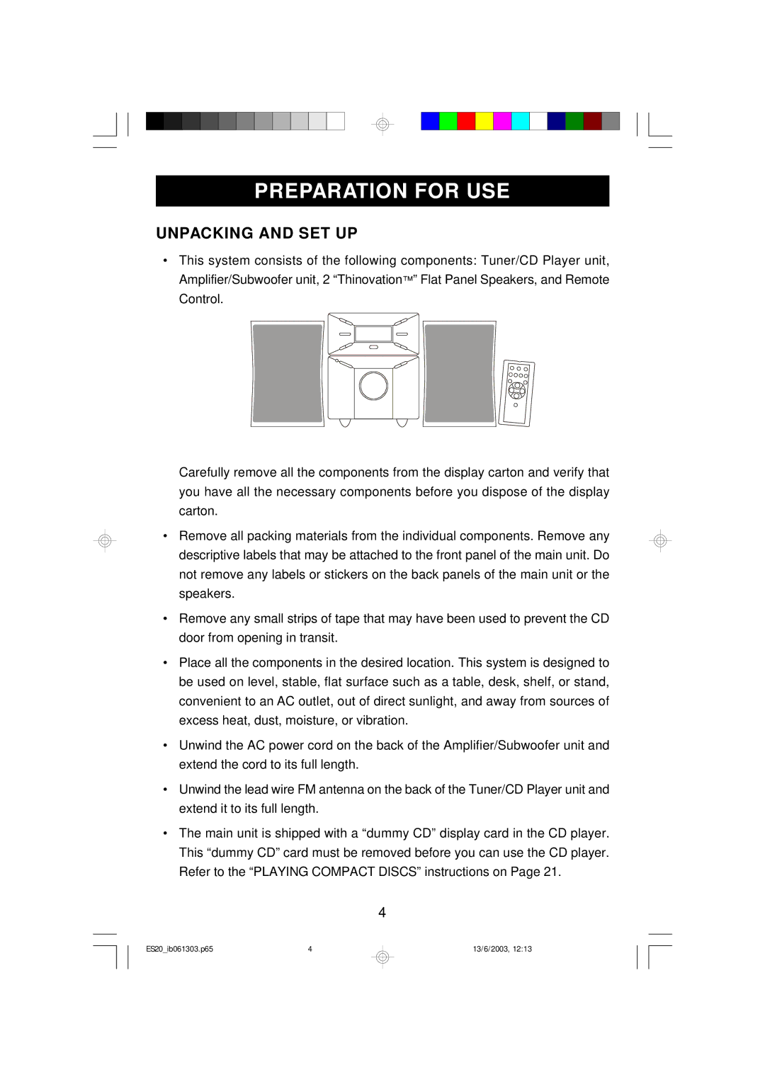 Emerson ES20 owner manual Preparation for USE, Unpacking and SET UP 