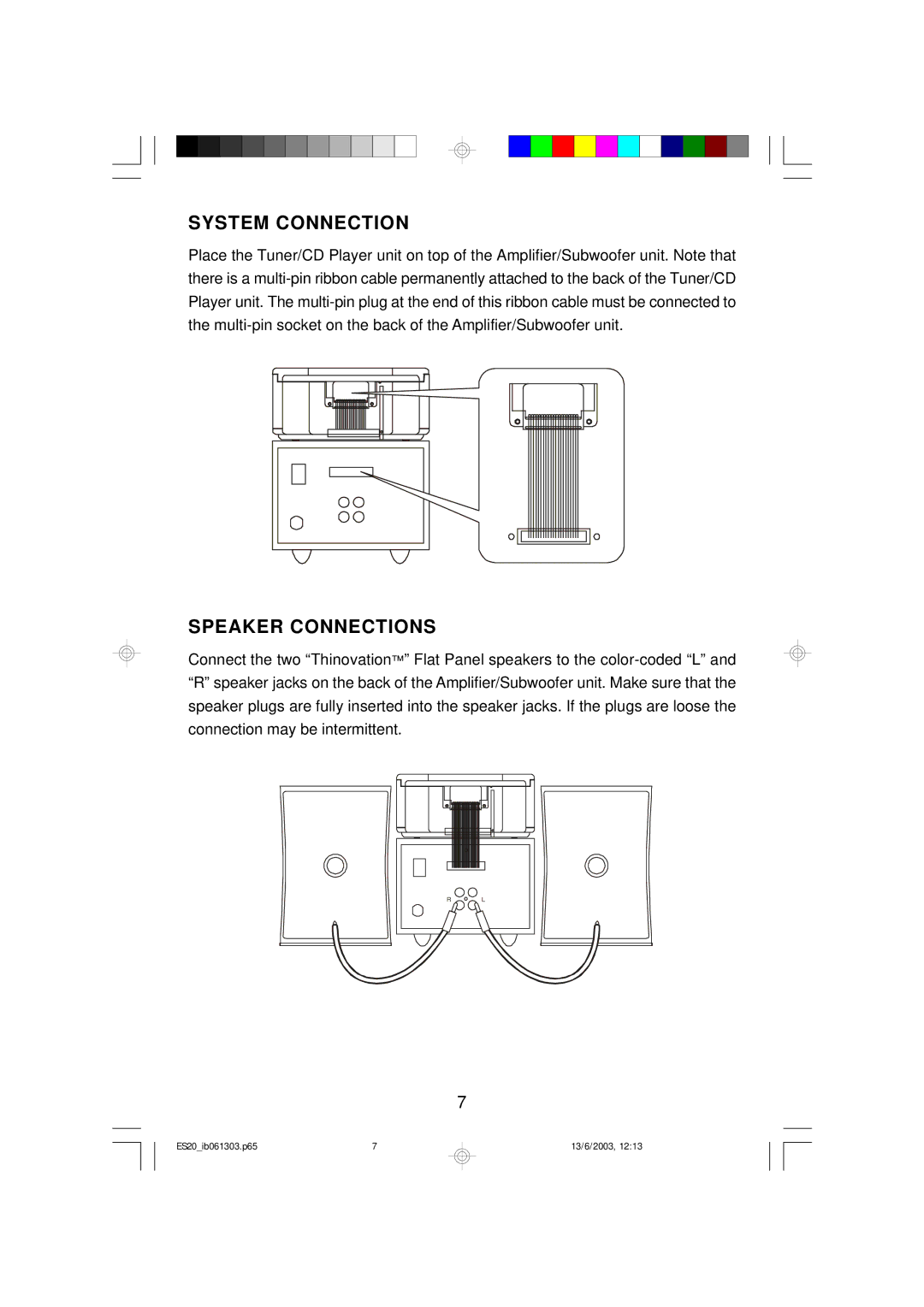 Emerson ES20 owner manual System Connection, Speaker Connections 