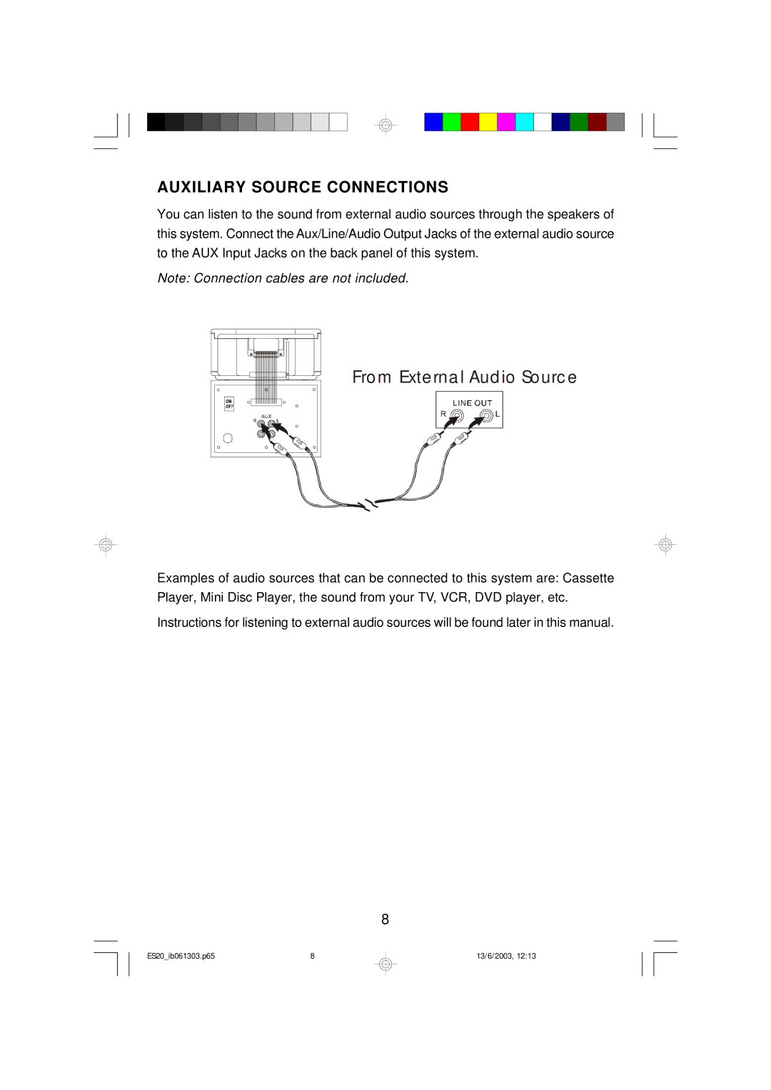 Emerson ES20 owner manual From External Audio Source, Auxiliary Source Connections 