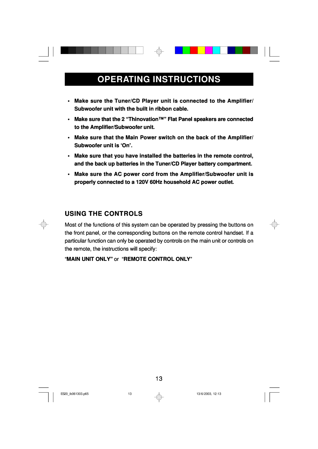 Emerson ES20 owner manual Operating Instructions, Using The Controls 
