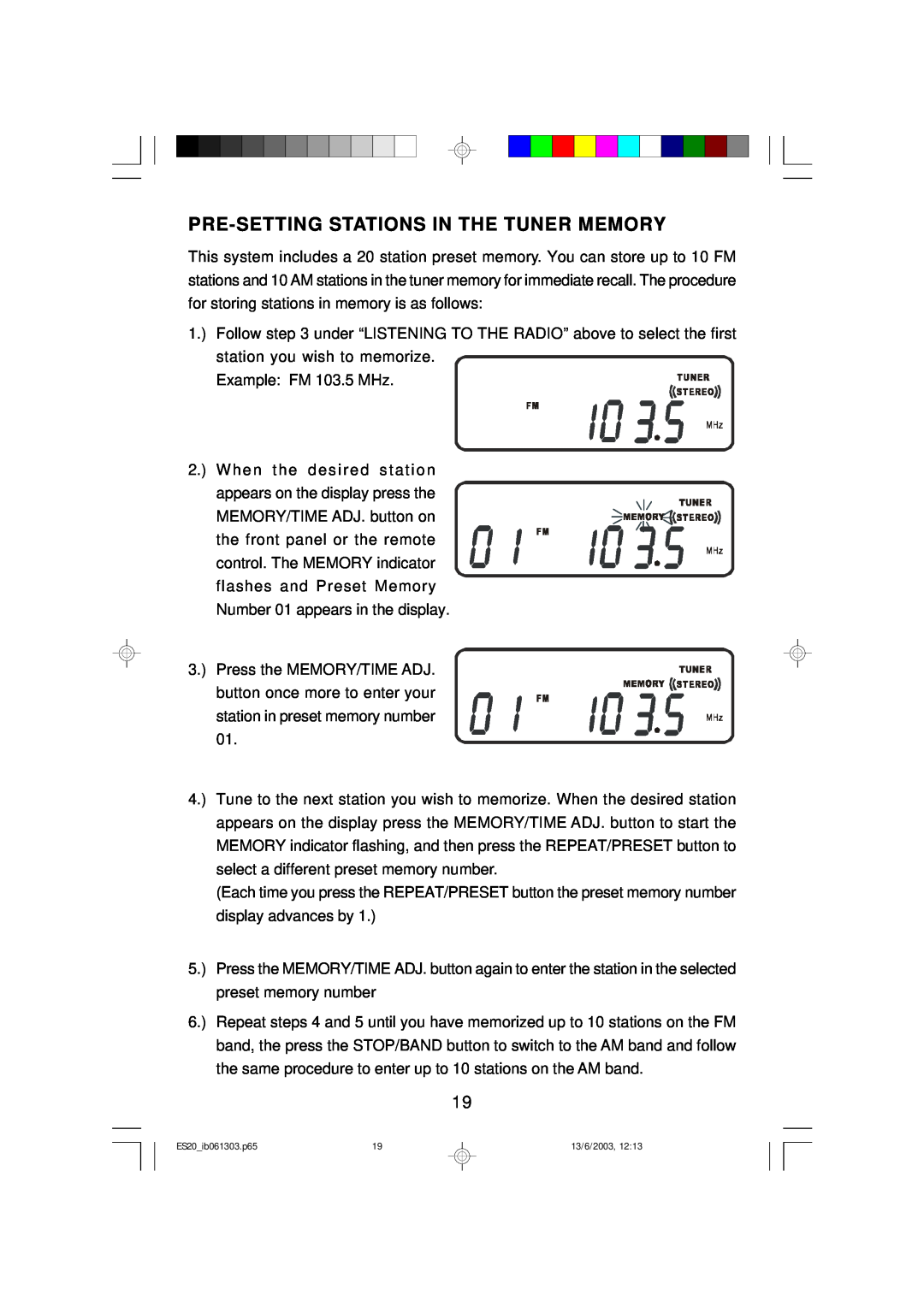 Emerson ES20 owner manual Pre-Settingstations In The Tuner Memory 