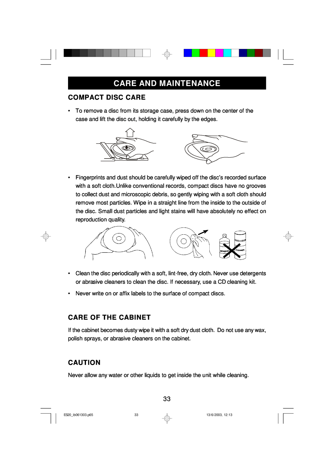 Emerson ES20 owner manual Compact Disc Care, Care Of The Cabinet, Care And Maintenance 