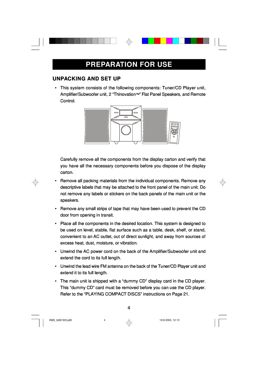 Emerson ES20 owner manual Preparation For Use, Unpacking And Set Up 
