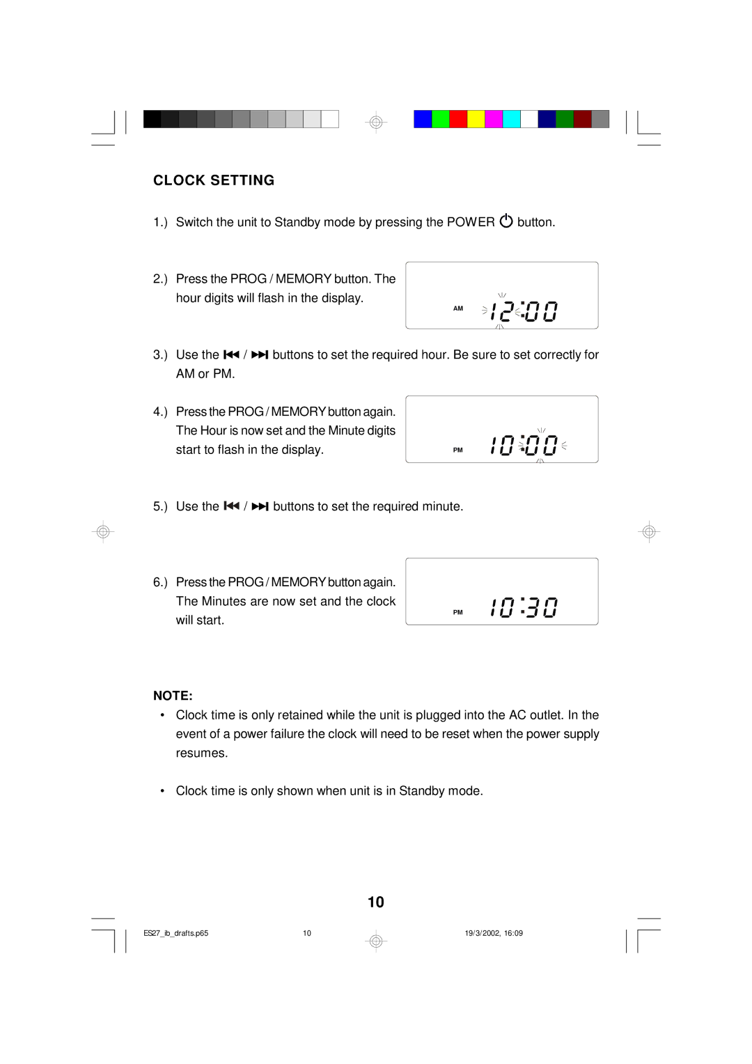 Emerson ES27 owner manual Clock Setting 