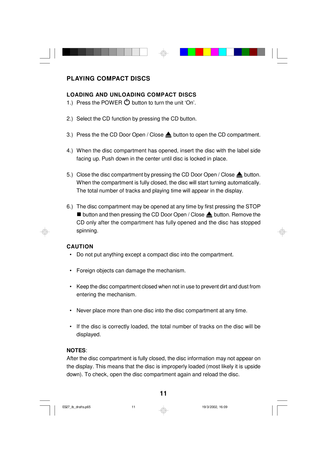 Emerson ES27 owner manual Playing Compact Discs, Loading and Unloading Compact Discs 