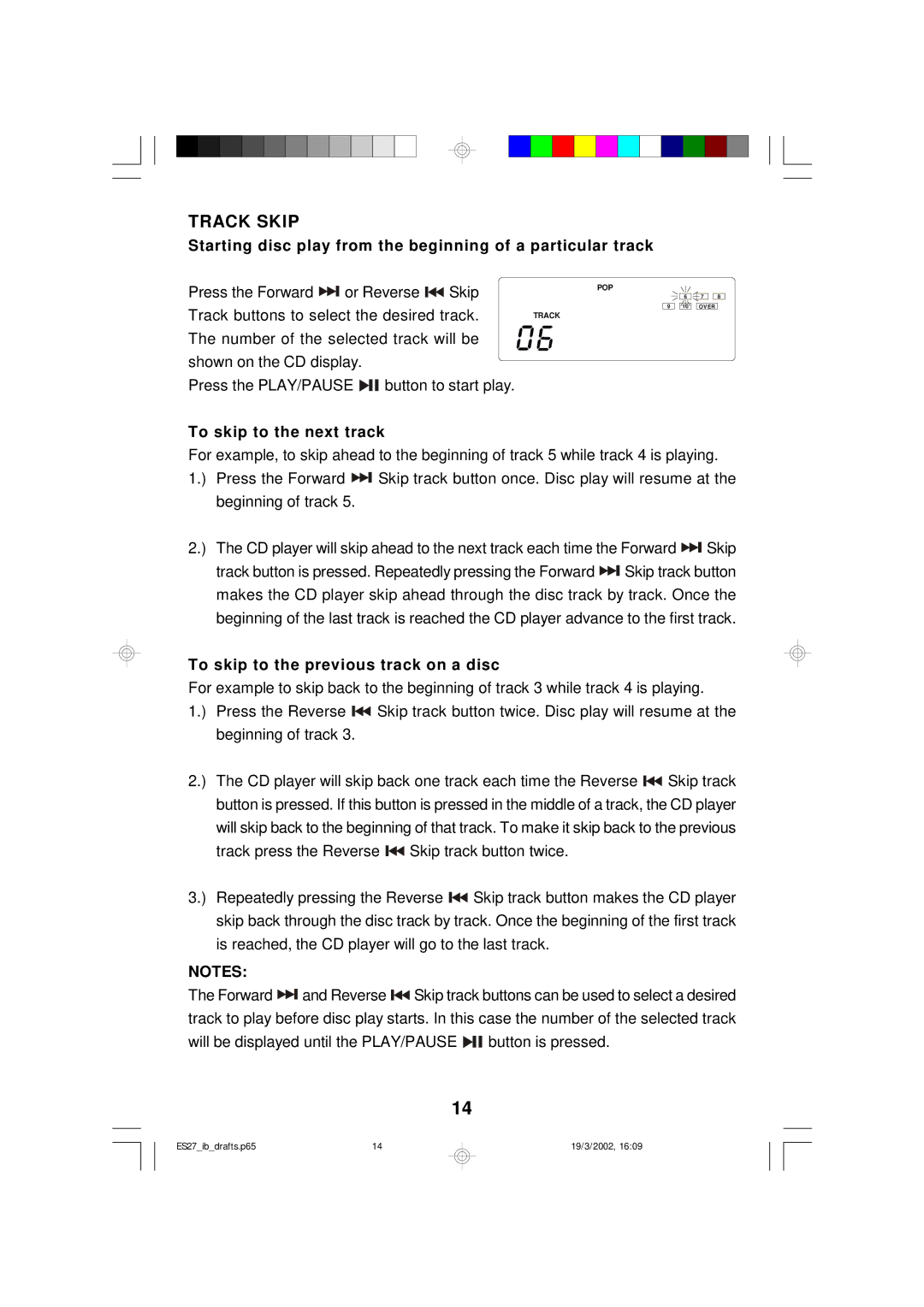 Emerson ES27 owner manual Track Skip, Starting disc play from the beginning of a particular track 