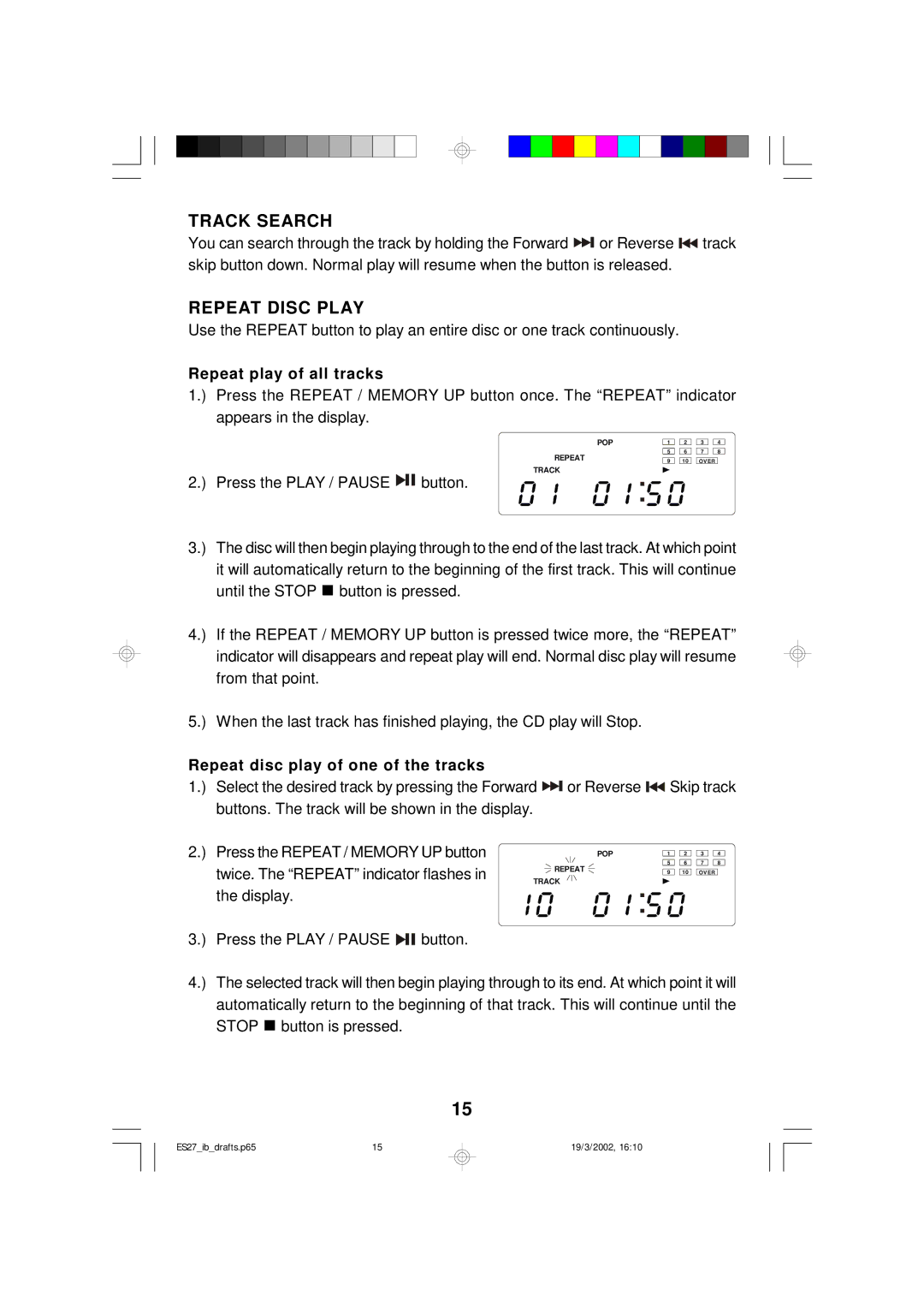 Emerson ES27 owner manual Track Search, Repeat Disc Play 