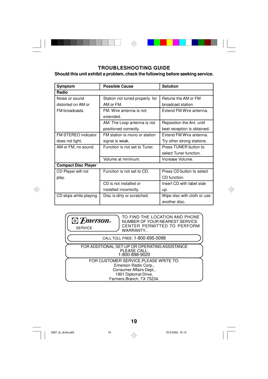 Emerson ES27 owner manual Troubleshooting Guide, Symptom Possible Cause Solution Radio 