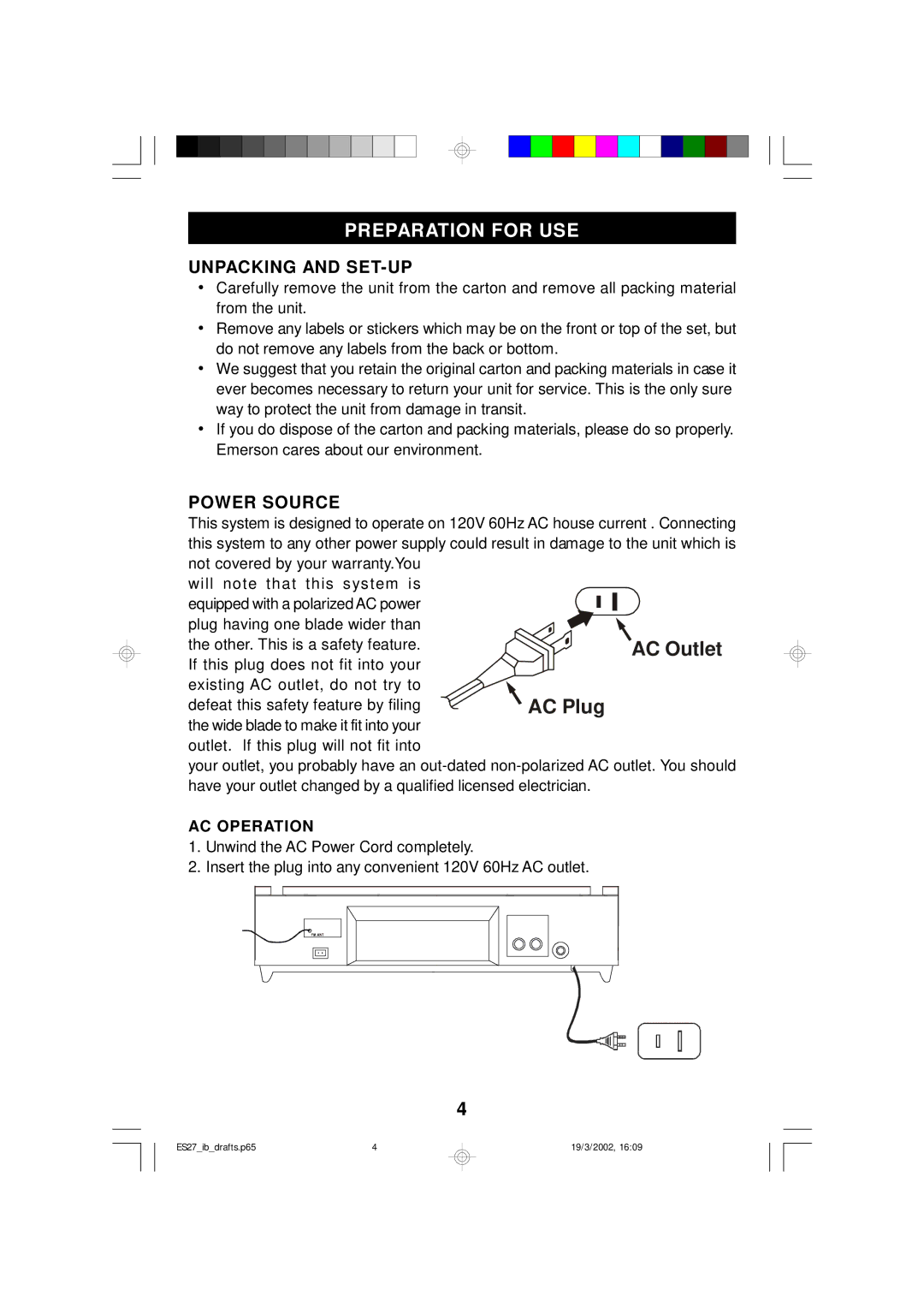 Emerson ES27 owner manual Preparation for USE, Unpacking and SET-UP, Power Source, AC Operation 