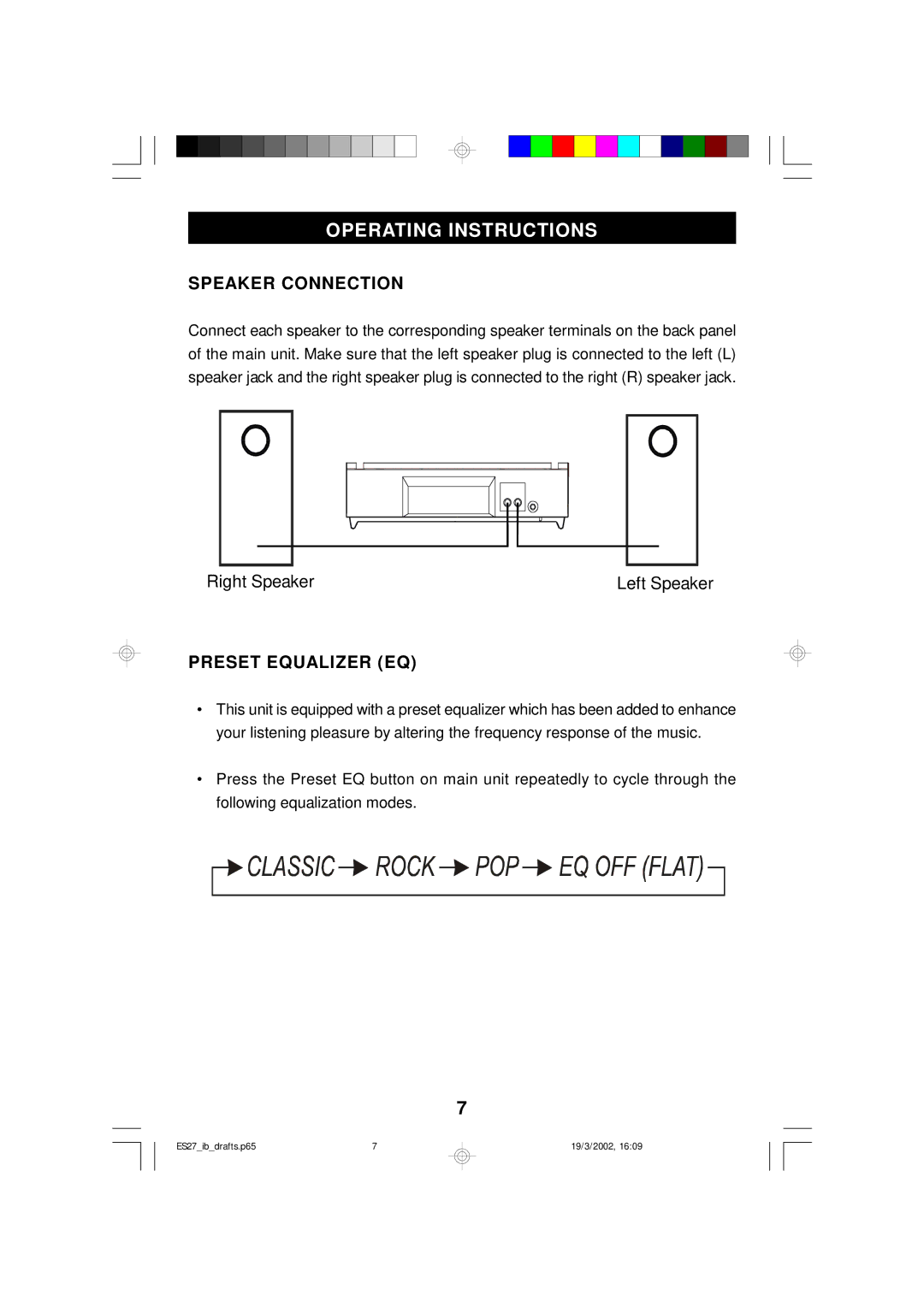 Emerson ES27 owner manual Operating Instructions, Speaker Connection, Preset Equalizer EQ 