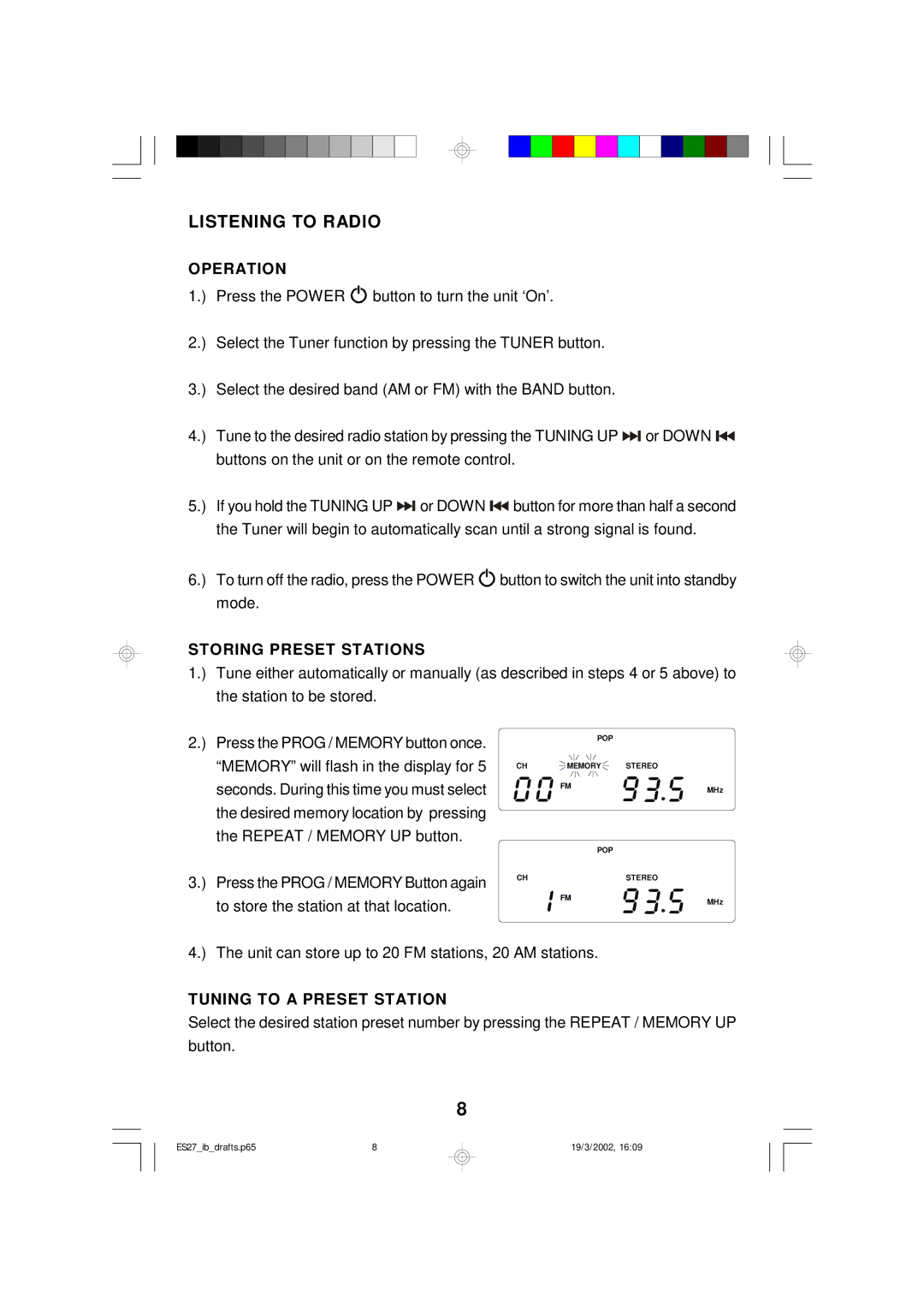 Emerson ES27 owner manual Listening to Radio, Operation, Storing Preset Stations, Tuning to a Preset Station 