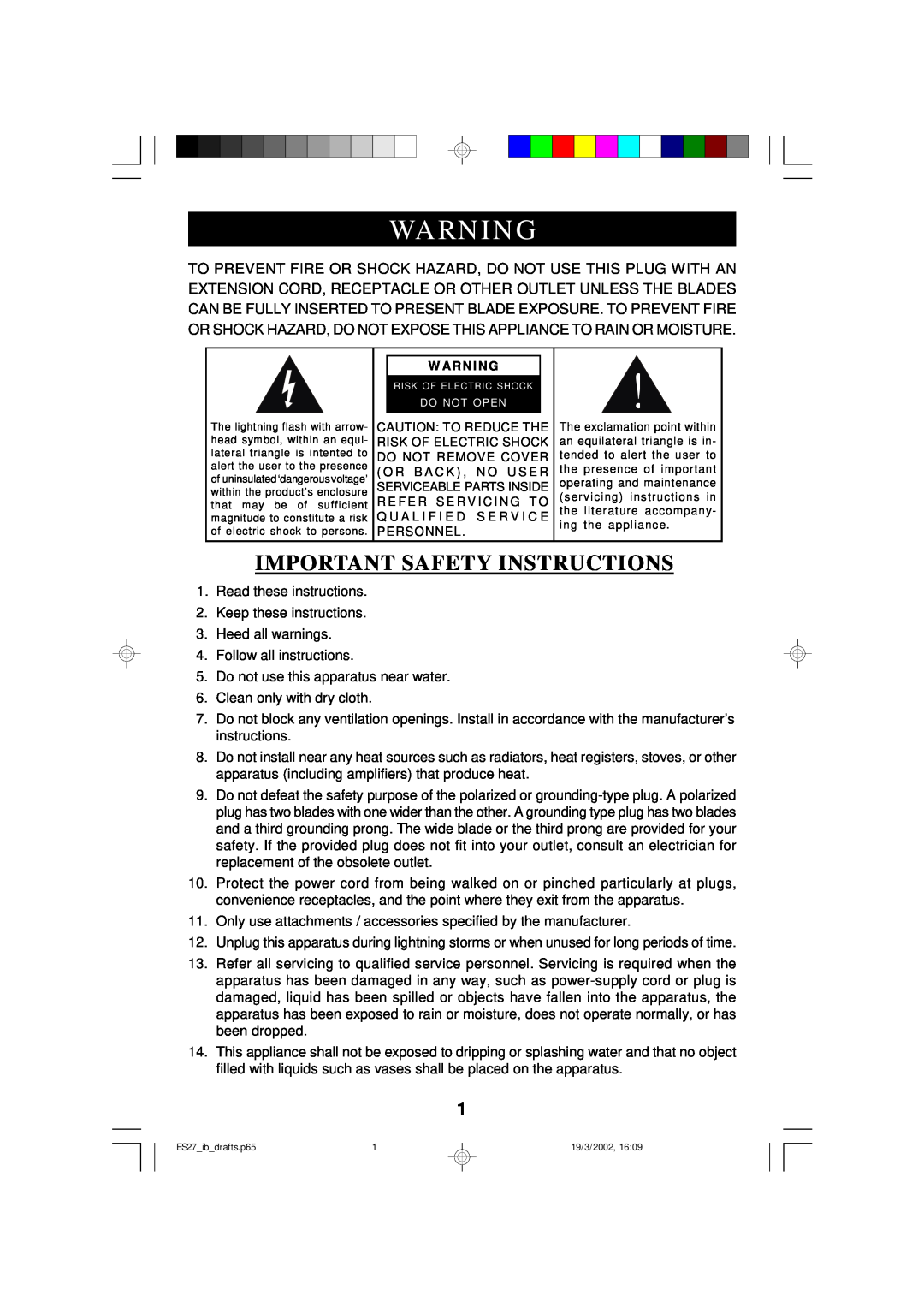 Emerson ES27 owner manual Warni Ng, Important Safety Instructions 