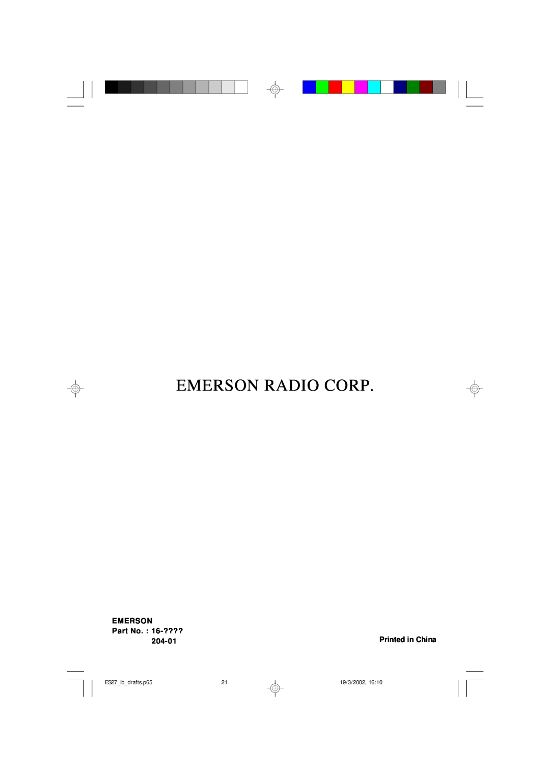 Emerson owner manual Emerson Radio Corp, Part No. 16-????, 204-01, ES27 ib drafts.p65, 19/3/2002 