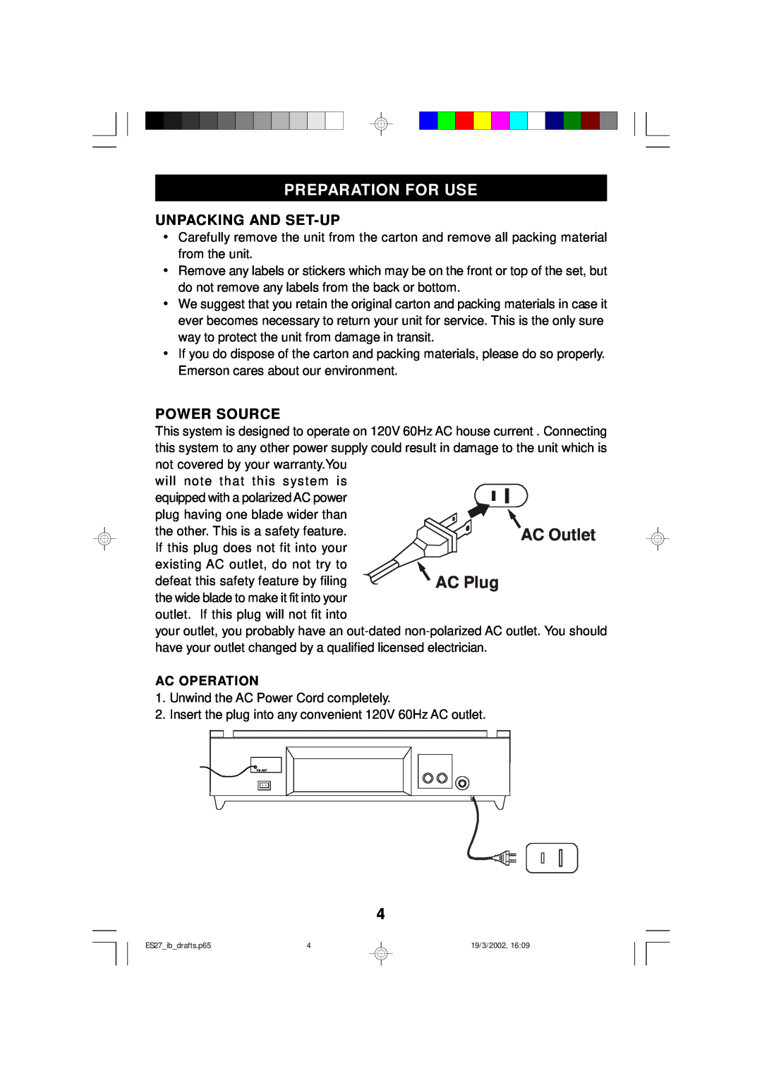 Emerson ES27 owner manual Preparation For Use, Unpacking And Set-Up, Power Source, Ac Operation 