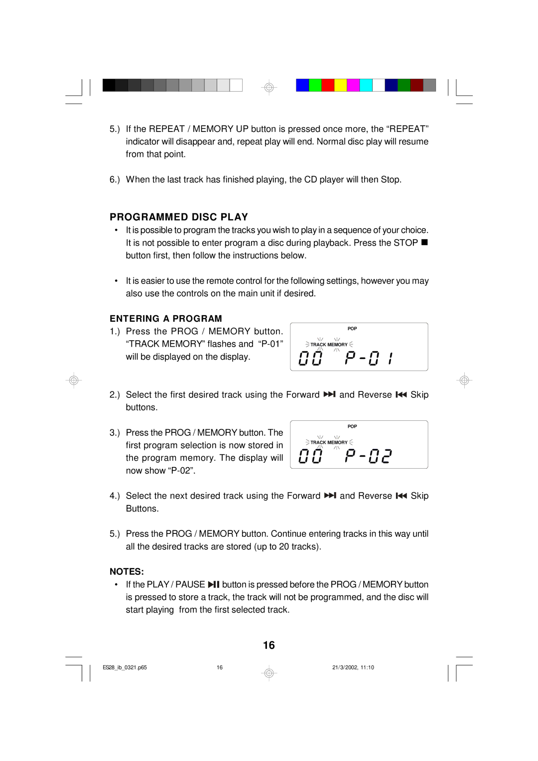 Emerson ES28 owner manual Programmed Disc Play, Entering a Program 