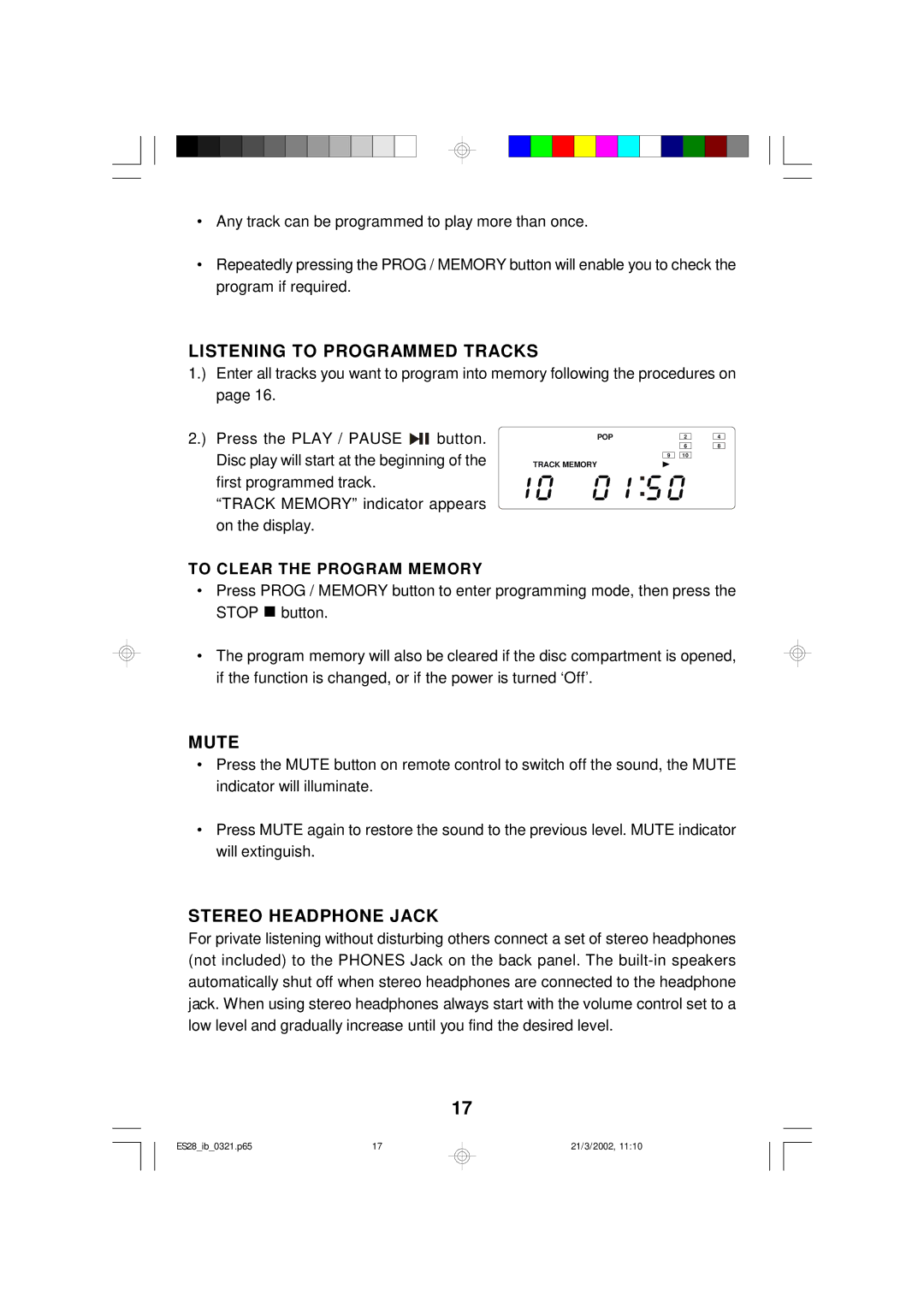 Emerson ES28 owner manual Listening to Programmed Tracks, Mute, Stereo Headphone Jack, To Clear the Program Memory 