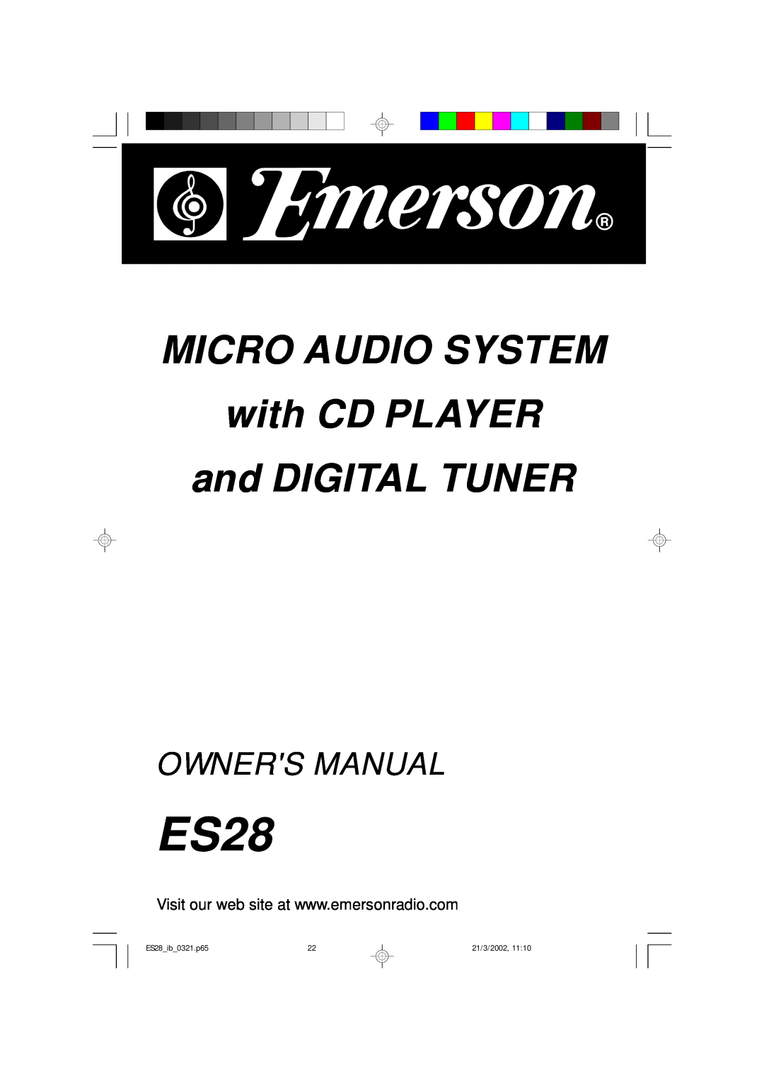 Emerson owner manual MICRO AUDIO SYSTEM with CD PLAYER, and DIGITAL TUNER, ES28 ib 0321.p65, 21/3/2002 