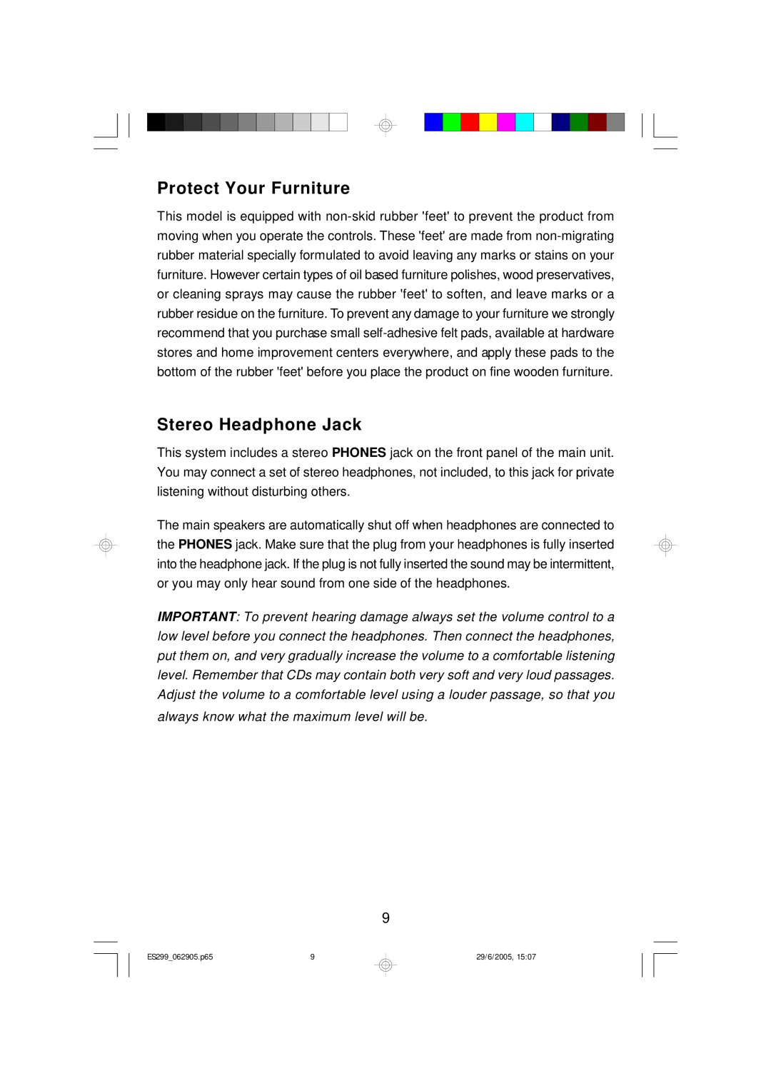 Emerson ES299 owner manual Protect Your Furniture, Stereo Headphone Jack 