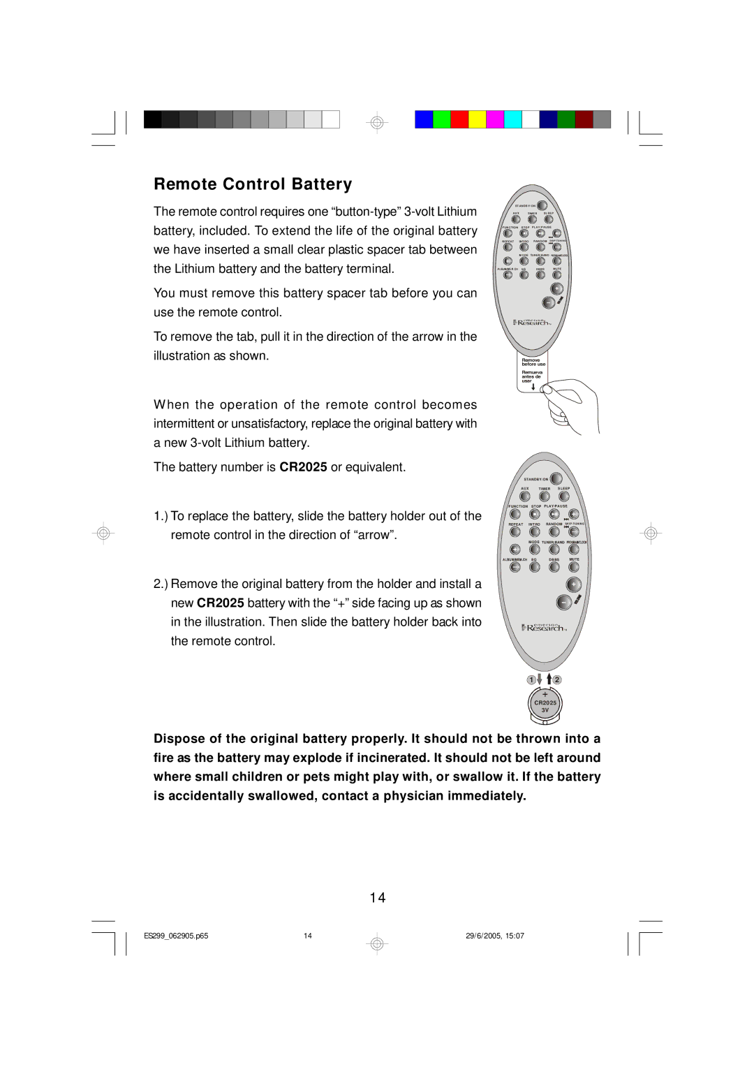 Emerson ES299 owner manual Remote Control Battery 