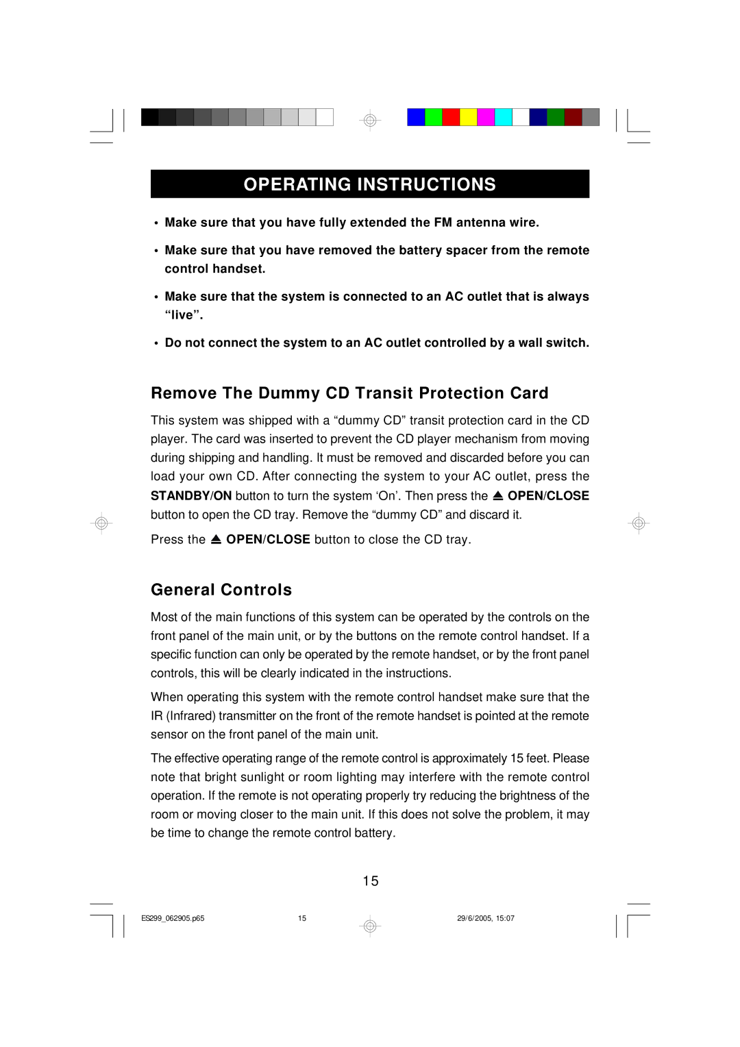 Emerson ES299 owner manual Remove The Dummy CD Transit Protection Card, General Controls 