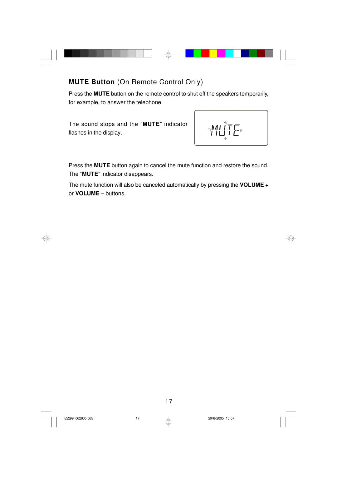 Emerson ES299 owner manual Mute Button On Remote Control Only 