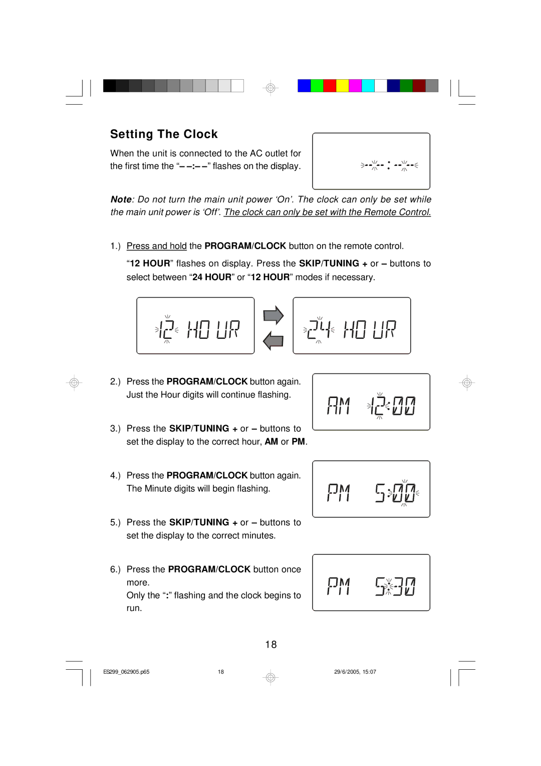 Emerson ES299 owner manual Setting The Clock 