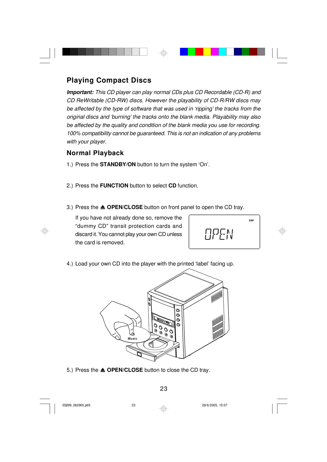 Emerson ES299 owner manual Playing Compact Discs, Normal Playback 