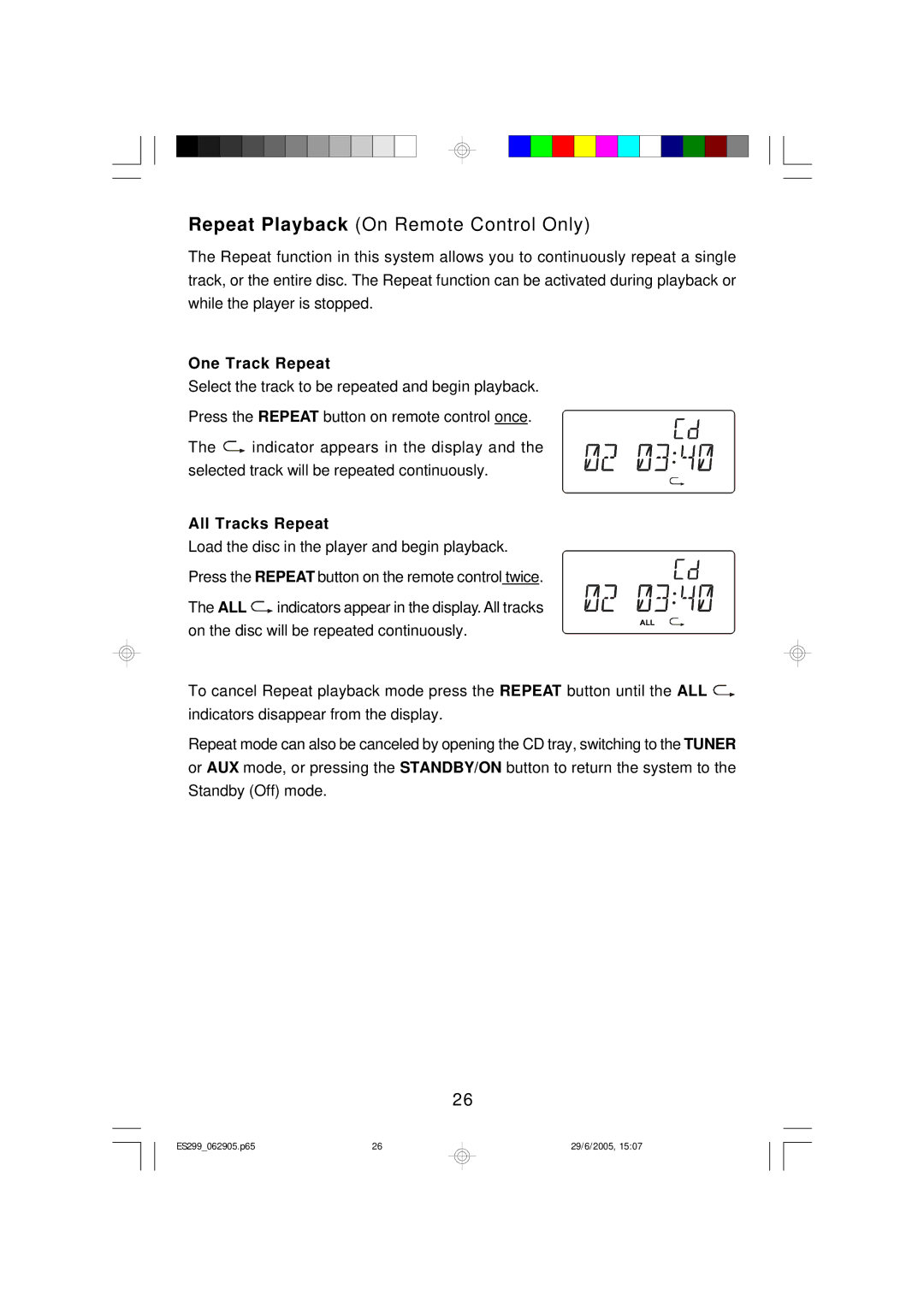 Emerson ES299 owner manual Repeat Playback On Remote Control Only, One Track Repeat 