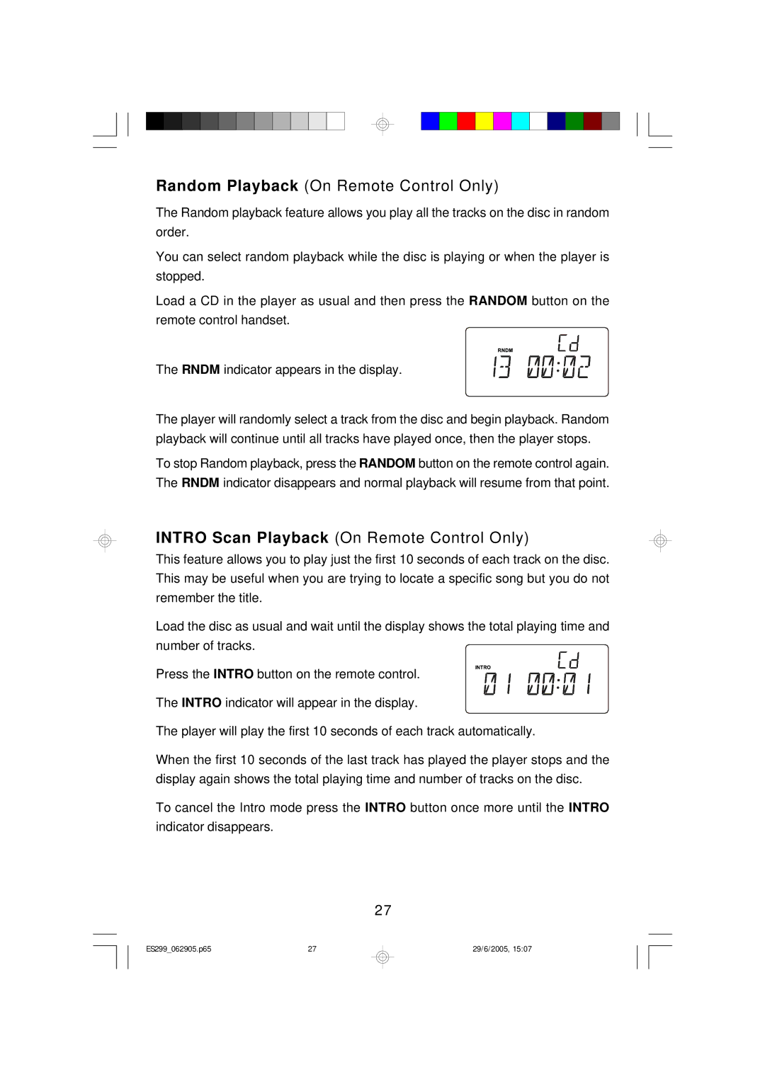 Emerson ES299 owner manual Random Playback On Remote Control Only, Intro Scan Playback On Remote Control Only 