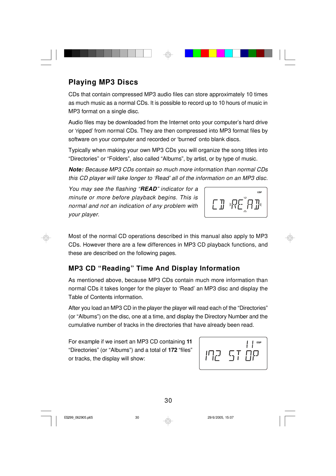 Emerson ES299 owner manual Playing MP3 Discs, MP3 CD Reading Time And Display Information 