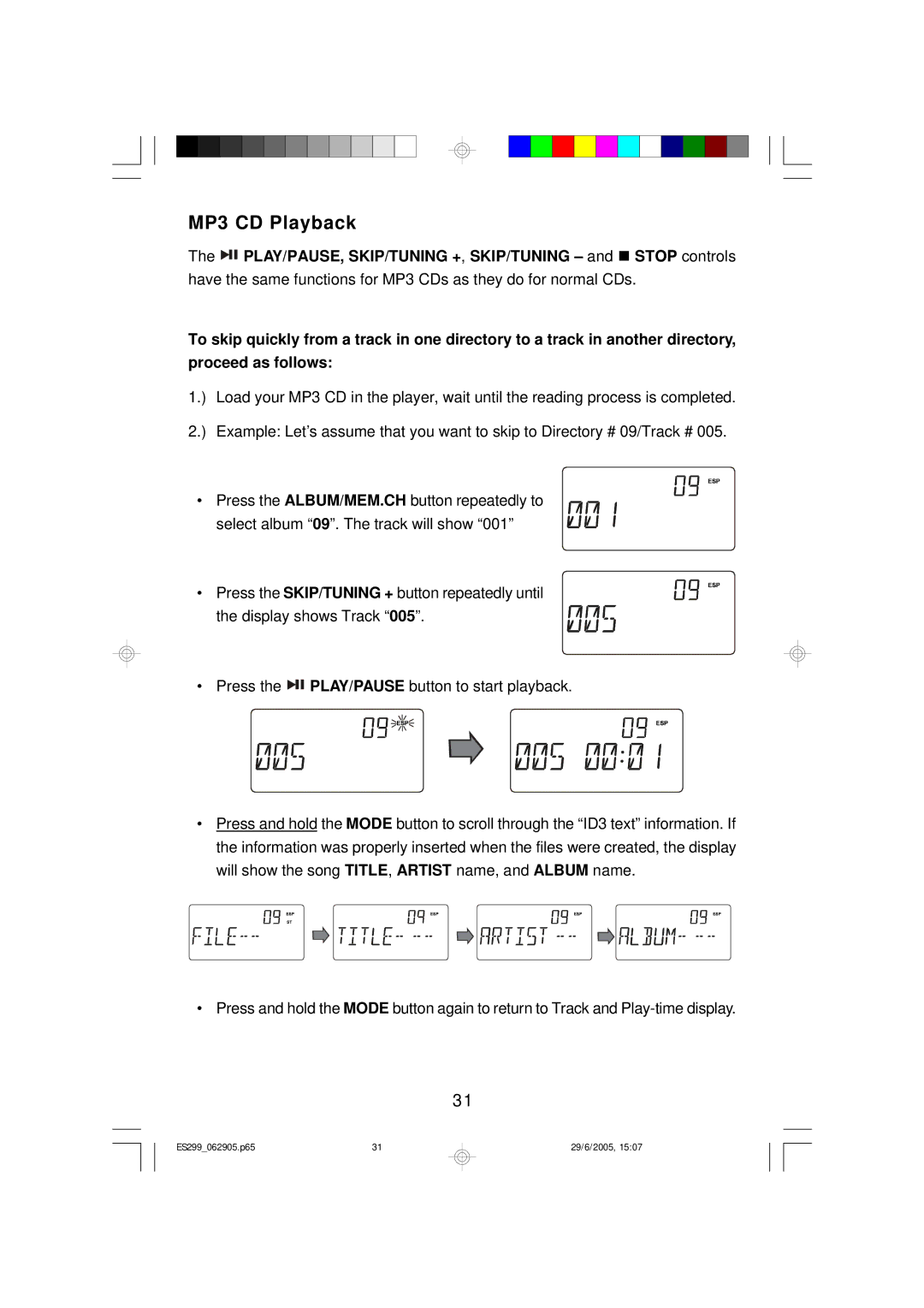 Emerson ES299 owner manual MP3 CD Playback 