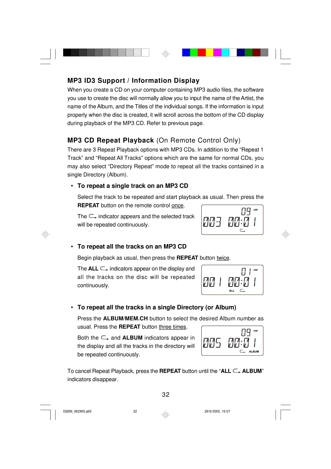 Emerson ES299 owner manual MP3 ID3 Support / Information Display, MP3 CD Repeat Playback On Remote Control Only 