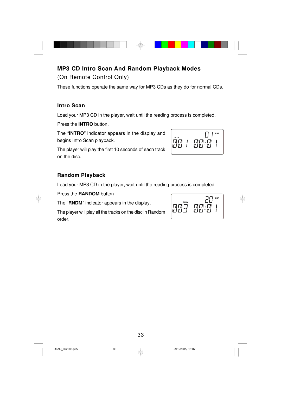 Emerson ES299 owner manual MP3 CD Intro Scan And Random Playback Modes, On Remote Control Only 