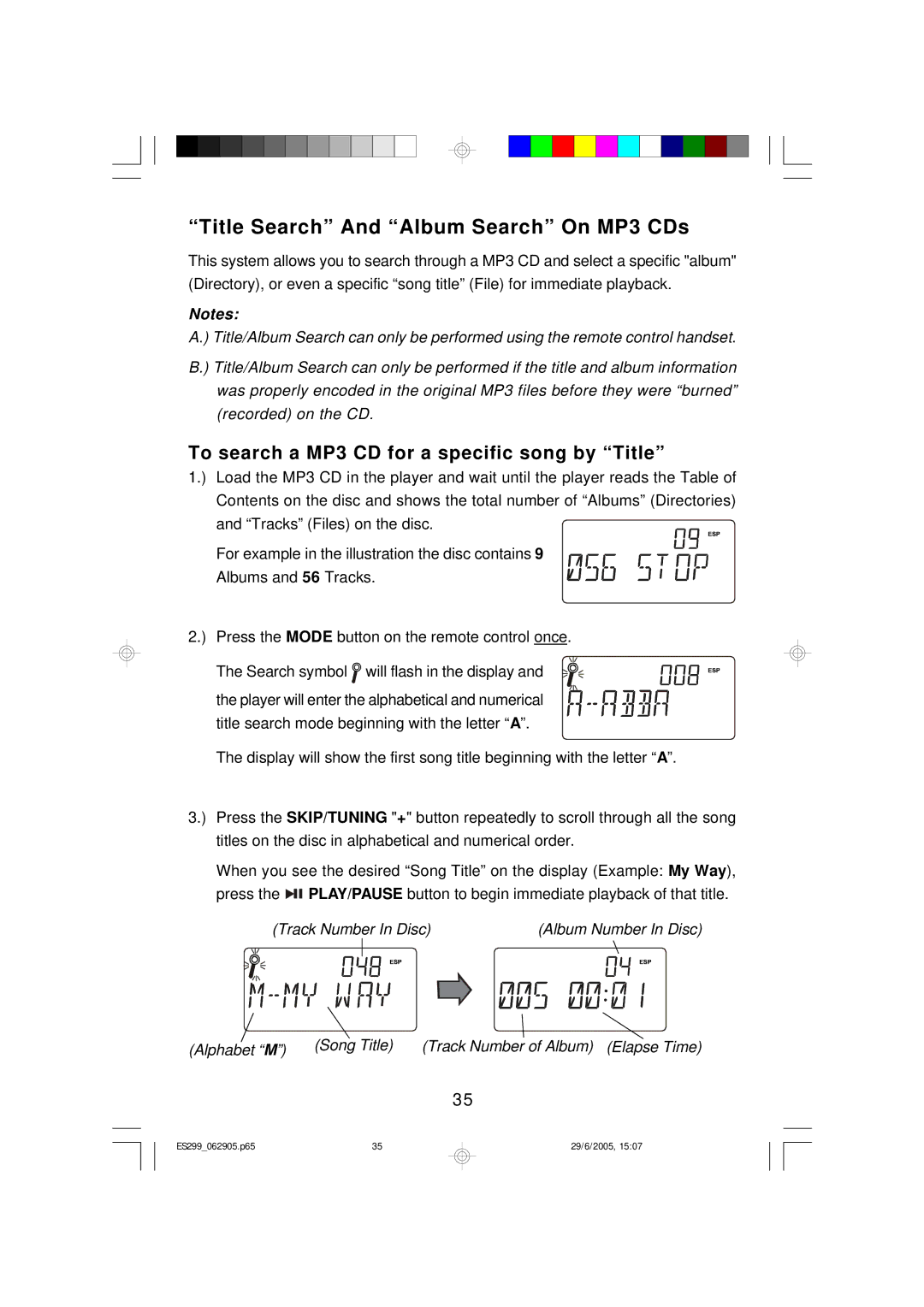 Emerson ES299 owner manual Title Search And Album Search On MP3 CDs, To search a MP3 CD for a specific song by Title 