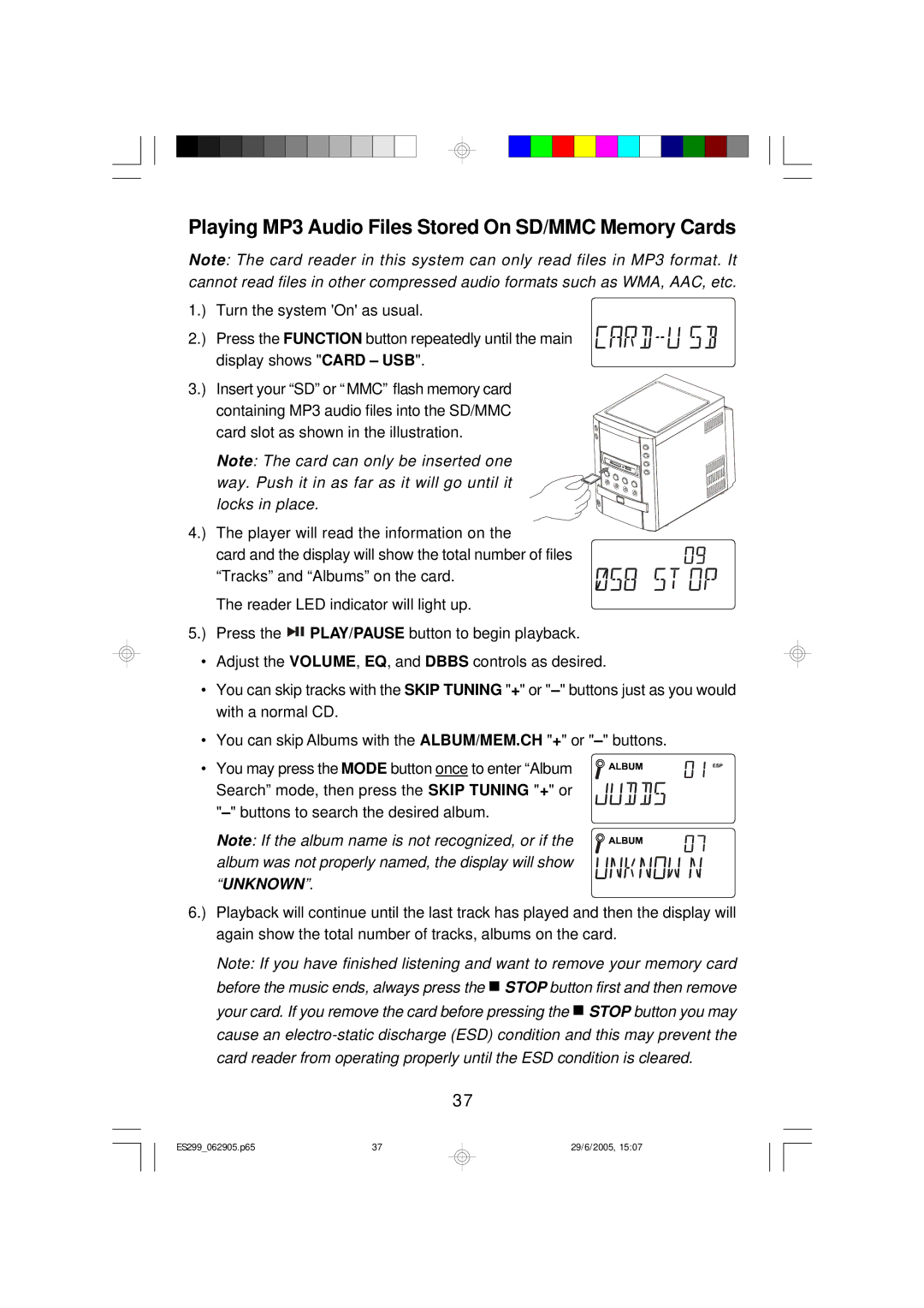 Emerson ES299 owner manual Playing MP3 Audio Files Stored On SD/MMC Memory Cards 