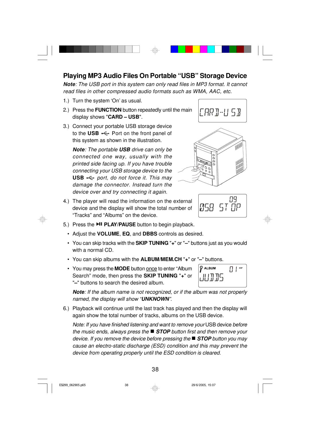 Emerson ES299 owner manual Playing MP3 Audio Files On Portable USB Storage Device 