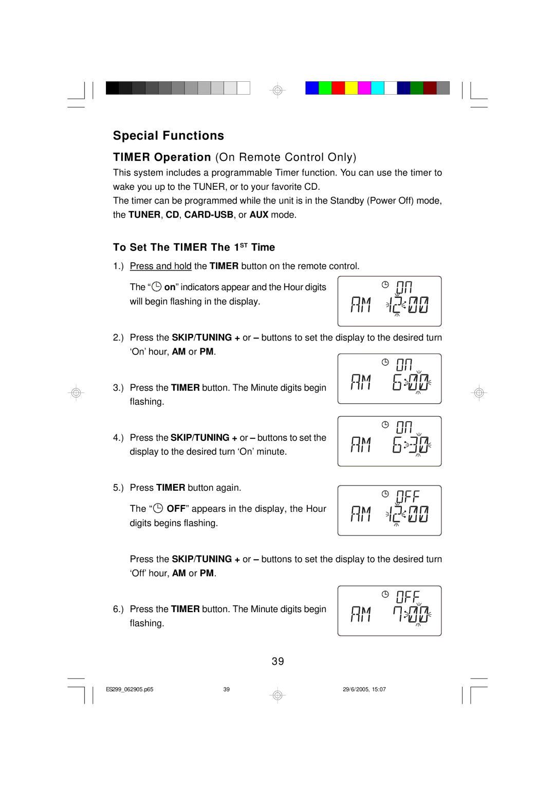 Emerson ES299 owner manual Special Functions, Timer Operation On Remote Control Only 