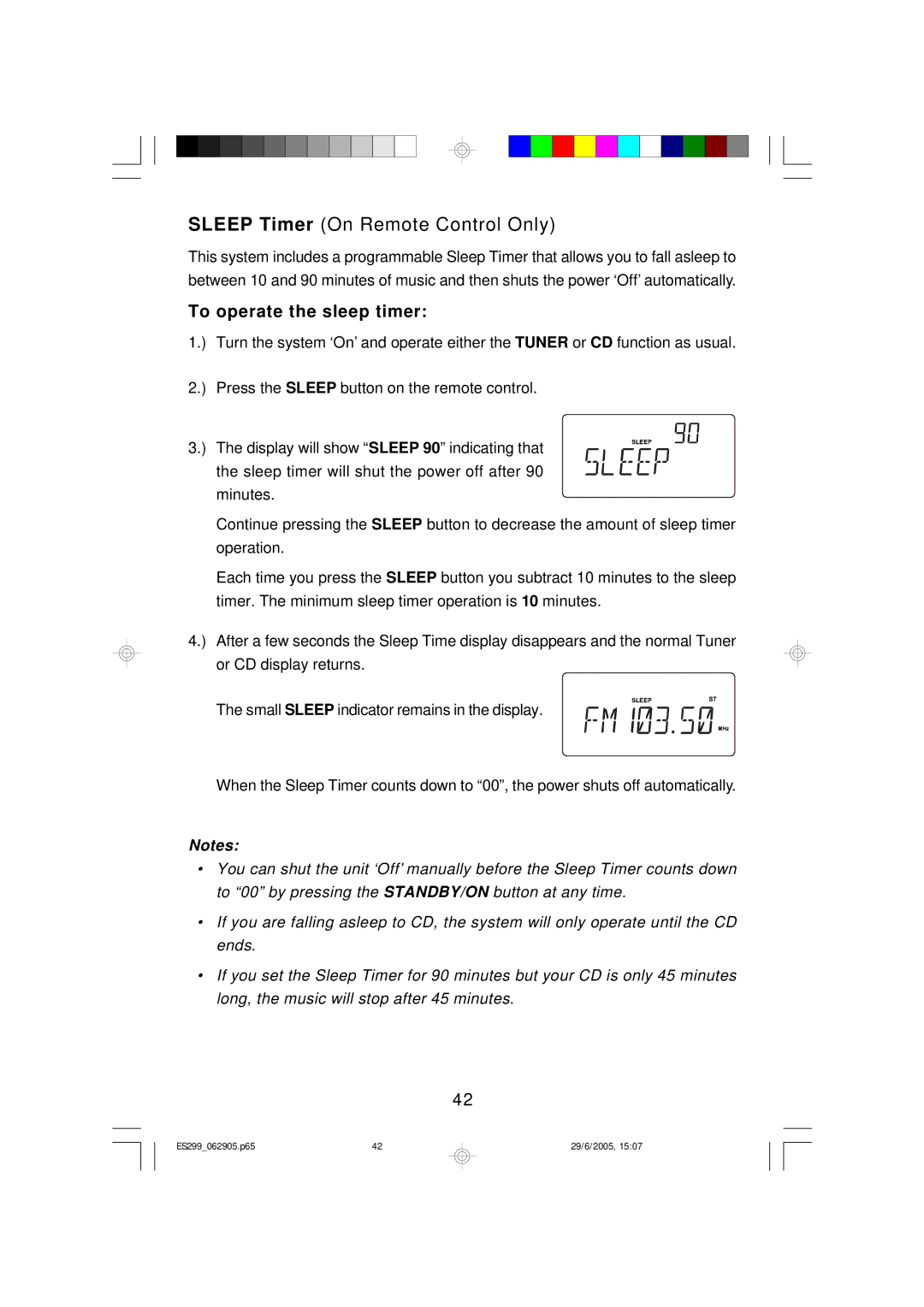 Emerson ES299 owner manual Sleep Timer On Remote Control Only, To operate the sleep timer 