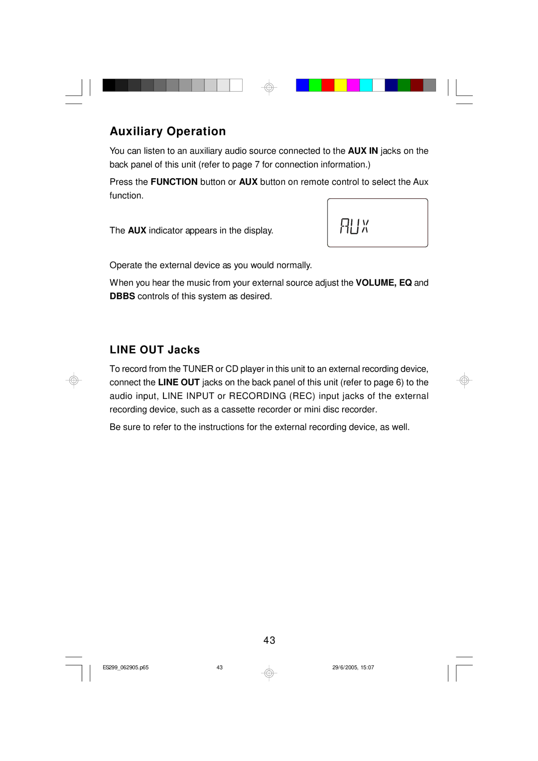 Emerson ES299 owner manual Auxiliary Operation, Line OUT Jacks 