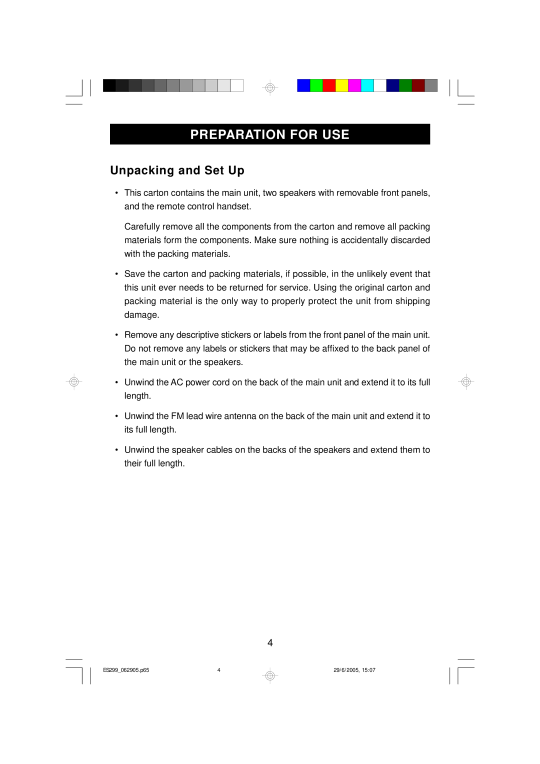 Emerson ES299 owner manual Preparation for USE, Unpacking and Set Up 