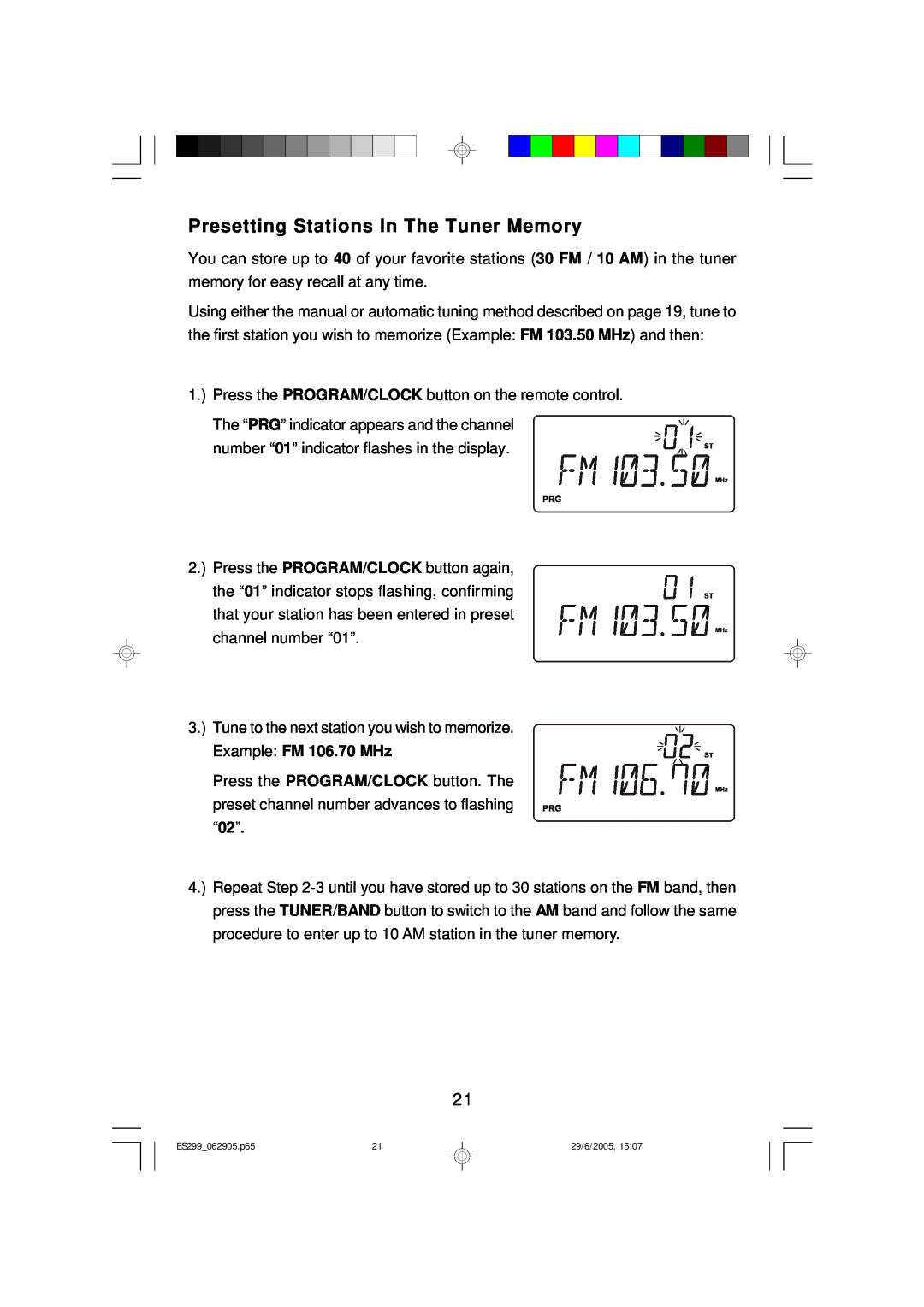 Emerson owner manual Presetting Stations In The Tuner Memory, ES299 062905.p65, 29/6/2005 