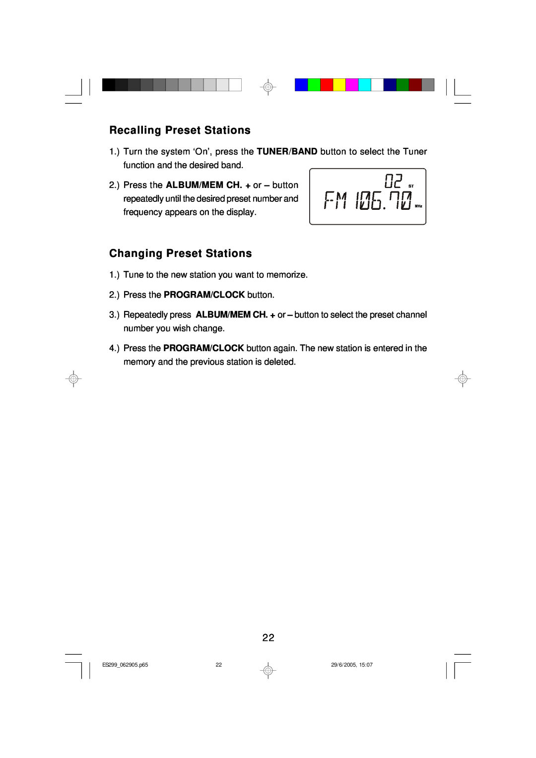 Emerson ES299 owner manual Recalling Preset Stations, Changing Preset Stations 
