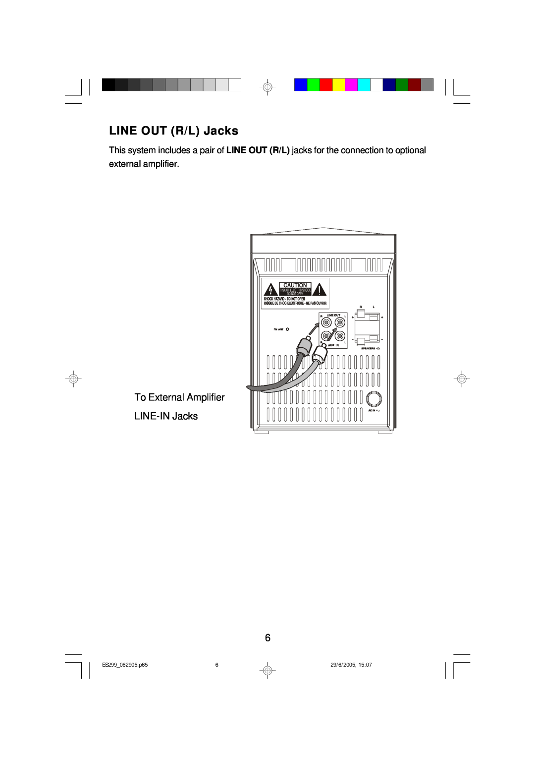 Emerson owner manual LINE OUT R/L Jacks, To External Amplifier LINE-INJacks, ES299 062905.p65, 29/6/2005 