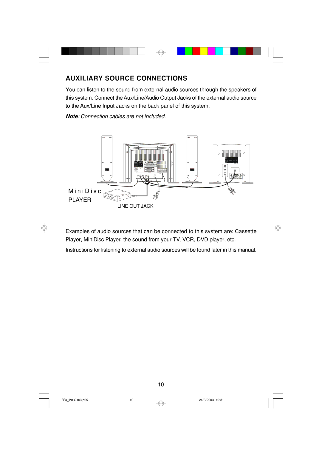 Emerson ES3 owner manual Auxiliary Source Connections, Player 