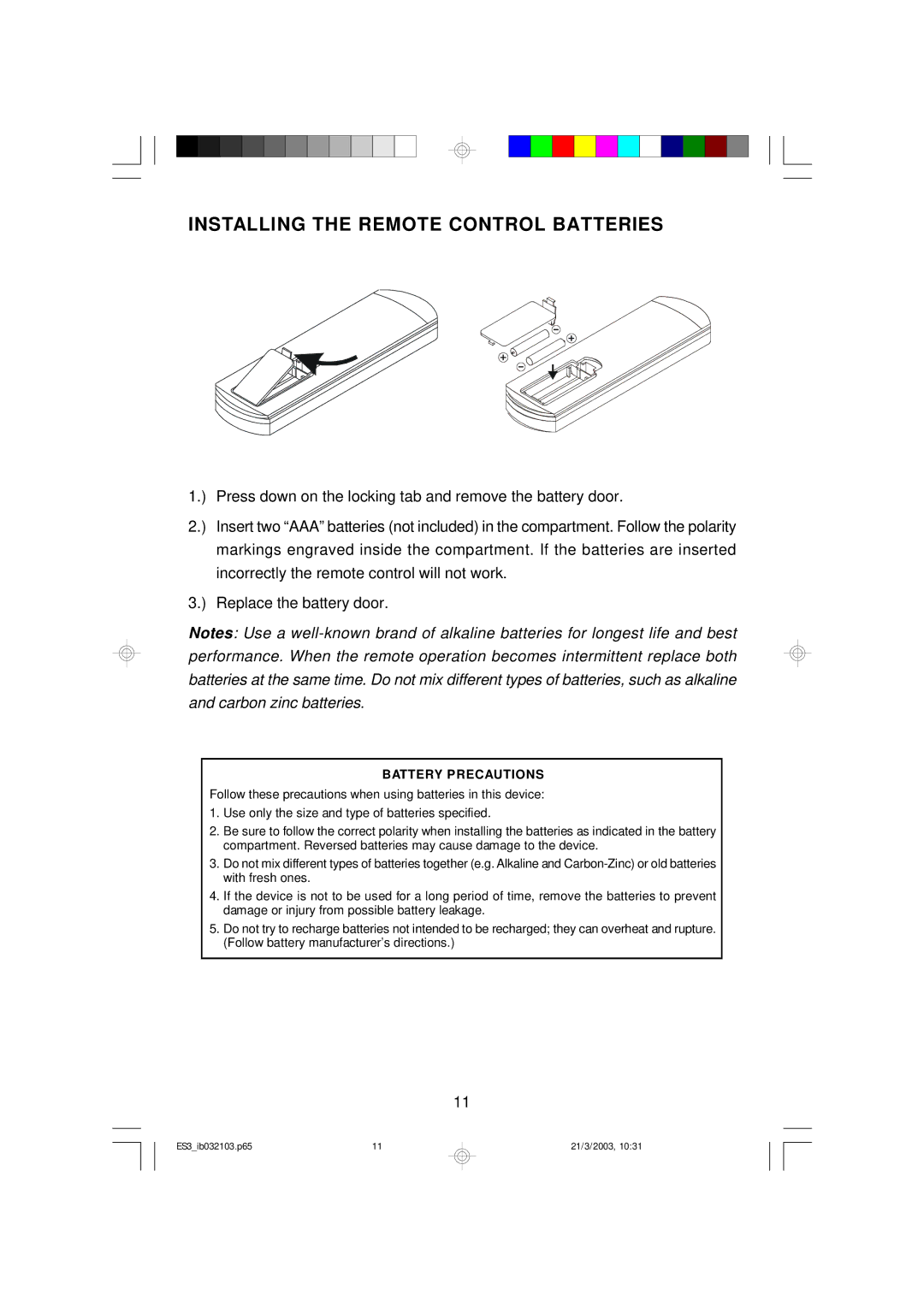 Emerson ES3 owner manual Installing the Remote Control Batteries, Battery Precautions 