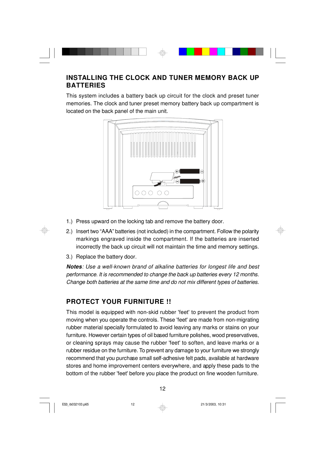 Emerson ES3 owner manual Installing the Clock and Tuner Memory Back UP Batteries, Protect Your Furniture 